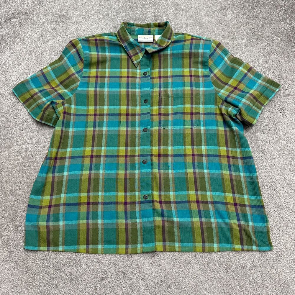 Vintage Alfred Dunner Seersucker Button Down Shirt Womens 18P Green Plaid Top